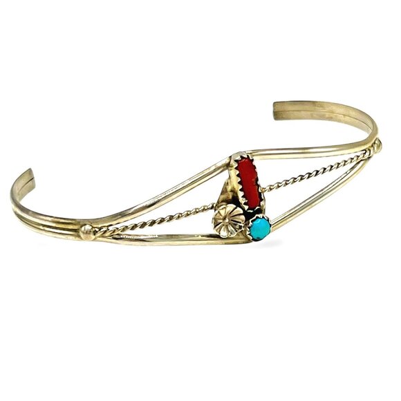 Navajo ESTHER WHITE Signed Sterling Silver Turquoise Coral Open Bangle Bracelet - Picture 1 of 6